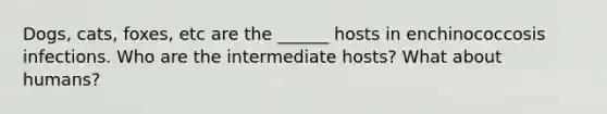 Dogs, cats, foxes, etc are the ______ hosts in enchinococcosis infections. Who are the intermediate hosts? What about humans?