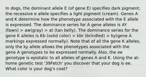 In dogs, the dominant allele E (of gene E) specifies dark pigment; the recessive e allele specifies a light pigment (cream). Genes A and K determine how the phenotype associated with the E allele is expressed. The dominance series for A gene alleles is AY (fawn) > aw(gray) > at (tan belly). The dominance series for the gene K alleles is Kb (solid color) > kbr (brindled) > ky(gene A markings expressed normally). Note that of all the gene K alleles, only the ky allele allows the phenotypes associated with the gene A genotypes to be expressed normally. Also, the ee genotype is epistatic to all alleles of genes A and K. Using the at-home genetic test '39Fetch' you discover that your dog is ee. What color is your dog's coat?