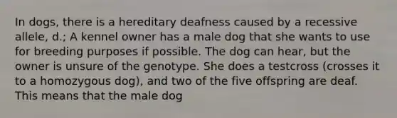 In dogs, there is a hereditary deafness caused by a recessive allele, d.; A kennel owner has a male dog that she wants to use for breeding purposes if possible. The dog can hear, but the owner is unsure of the genotype. She does a testcross (crosses it to a homozygous dog), and two of the five offspring are deaf. This means that the male dog