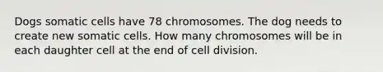 Dogs somatic cells have 78 chromosomes. The dog needs to create new somatic cells. How many chromosomes will be in each daughter cell at the end of cell division.