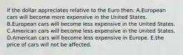 If the dollar appreciates relative to the Euro then: A.European cars will become more expensive in the United States. B.European cars will become less expensive in the United States. C.American cars will become less expensive in the United States. D.American cars will become less expensive in Europe. E.the price of cars will not be affected.