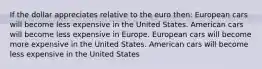 If the dollar appreciates relative to the euro then: European cars will become less expensive in the United States. American cars will become less expensive in Europe. European cars will become more expensive in the United States. American cars will become less expensive in the United States