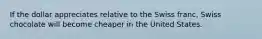If the dollar appreciates relative to the Swiss franc, Swiss chocolate will become cheaper in the United States.