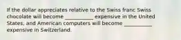 If the dollar appreciates relative to the Swiss franc Swiss chocolate will become ___________ expensive in the United States, and American computers will become ___________ expensive in Switzerland.