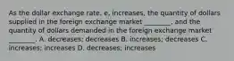 As the dollar exchange rate, e, increases, the quantity of dollars supplied in the foreign exchange market ________, and the quantity of dollars demanded in the foreign exchange market ________. A. decreases; decreases B. increases; decreases C. increases; increases D. decreases; increases