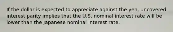 If the dollar is expected to appreciate against the​ yen, uncovered interest parity implies that the U.S. nominal interest rate will be lower than the Japanese nominal interest rate.