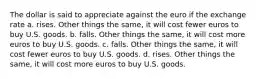 The dollar is said to appreciate against the euro if the exchange rate a. rises. Other things the same, it will cost fewer euros to buy U.S. goods. b. falls. Other things the same, it will cost more euros to buy U.S. goods. c. falls. Other things the same, it will cost fewer euros to buy U.S. goods. d. rises. Other things the same, it will cost more euros to buy U.S. goods.