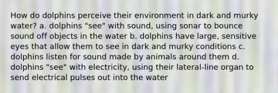 How do dolphins perceive their environment in dark and murky water? a. dolphins "see" with sound, using sonar to bounce sound off objects in the water b. dolphins have large, sensitive eyes that allow them to see in dark and murky conditions c. dolphins listen for sound made by animals around them d. dolphins "see" with electricity, using their lateral-line organ to send electrical pulses out into the water