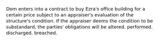 Dom enters into a contract to buy Ezra's office building for a certain price subject to an appraiser's evaluation of the structure's condition. If the appraiser deems the condition to be substandard, the parties' obligations will be altered. performed. discharged. breached.