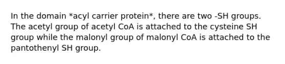 In the domain *acyl carrier protein*, there are two -SH groups. The acetyl group of acetyl CoA is attached to the cysteine SH group while the malonyl group of malonyl CoA is attached to the pantothenyl SH group.