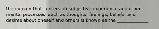 the domain that centers on subjective experience and other mental processes, such as thoughts, feelings, beliefs, and desires about oneself and others is known as the ______________