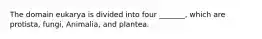 The domain eukarya is divided into four _______, which are protista, fungi, Animalia, and plantea.