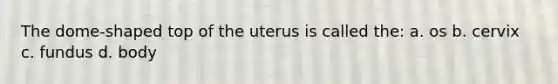 The dome-shaped top of the uterus is called the: a. os b. cervix c. fundus d. body