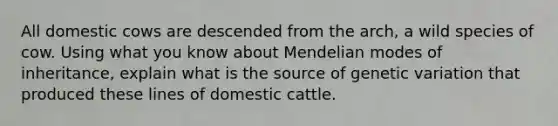 All domestic cows are descended from the arch, a wild species of cow. Using what you know about Mendelian modes of inheritance, explain what is the source of genetic variation that produced these lines of domestic cattle.