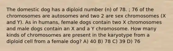 The domestic dog has a diploid number (n) of 78. ; 76 of the chromosomes are autosomes and two 2 are sex chromosomes (X and Y). As in humans, female dogs contain two X chromosomes and male dogs contain an X and a Y chromosome. How many kinds of chromosomes are present in the karyotype from a diploid cell from a female dog? A) 40 B) 78 C) 39 D) 76