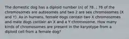 The domestic dog has a diploid number (n) of 78. ; 76 of the chromosomes are autosomes and two 2 are sex chromosomes (X and Y). As in humans, female dogs contain two X chromosomes and male dogs contain an X and a Y chromosome. How many kinds of chromosomes are present in the karyotype from a diploid cell from a female dog?