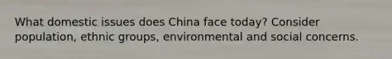 What domestic issues does China face today? Consider population, ethnic groups, environmental and social concerns.