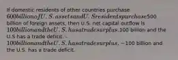 If domestic residents of other countries purchase 600 billion of U.S. assets and U.S residents purchase500 billion of foreign assets, then U.S. net capital outflow is 100 billion and the U.S. has a trade surplus.100 billion and the U.S has a trade deficit. -100 billion and the U.S. has a trade surplus. -100 billion and the U.S. has a trade deficit.