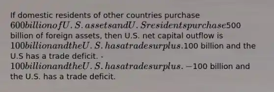 If domestic residents of other countries purchase 600 billion of U.S. assets and U.S residents purchase500 billion of foreign assets, then U.S. net capital outflow is 100 billion and the U.S. has a trade surplus.100 billion and the U.S has a trade deficit. -100 billion and the U.S. has a trade surplus. -100 billion and the U.S. has a trade deficit.