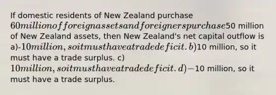 If domestic residents of New Zealand purchase 60 million of foreign assets and foreigners purchase50 million of New Zealand assets, then New Zealand's net capital outflow is a)-10 million, so it must have a trade deficit. b)10 million, so it must have a trade surplus. c)10 million, so it must have a trade deficit. d)-10 million, so it must have a trade surplus.