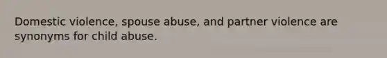 Domestic violence, spouse abuse, and partner violence are synonyms for child abuse.