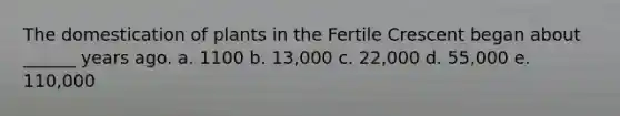 The domestication of plants in the Fertile Crescent began about ______ years ago. a. 1100 b. 13,000 c. 22,000 d. 55,000 e. 110,000