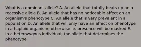 What is a dominant allele? A. An allele that totally beats up on a recessive allele B. An allele that has no noticeable affect on an organism's phenotype C. An allele that is very prevalent in a population D. An allele that will only have an affect on phenotype in a haploid organism; otherwise its presence will be masked E. In a heterozygous individual, the allele that determines the phenotype