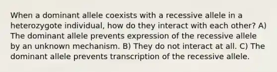 When a dominant allele coexists with a recessive allele in a heterozygote individual, how do they interact with each other? A) The dominant allele prevents expression of the recessive allele by an unknown mechanism. B) They do not interact at all. C) The dominant allele prevents transcription of the recessive allele.