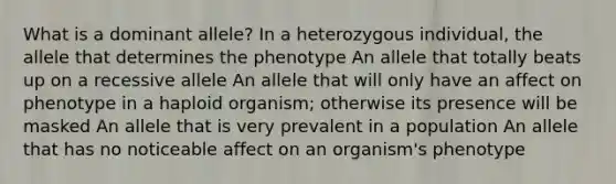 What is a dominant allele? In a heterozygous individual, the allele that determines the phenotype An allele that totally beats up on a recessive allele An allele that will only have an affect on phenotype in a haploid organism; otherwise its presence will be masked An allele that is very prevalent in a population An allele that has no noticeable affect on an organism's phenotype