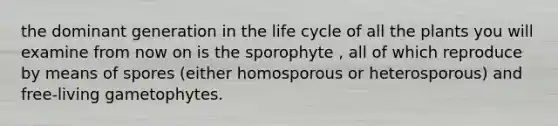 the dominant generation in the life cycle of all the plants you will examine from now on is the sporophyte , all of which reproduce by means of spores (either homosporous or heterosporous) and free-living gametophytes.