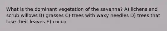 What is the dominant vegetation of the savanna? A) lichens and scrub willows B) grasses C) trees with waxy needles D) trees that lose their leaves E) cocoa