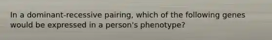 In a dominant-recessive pairing, which of the following genes would be expressed in a person's phenotype?