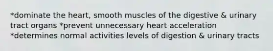 *dominate the heart, smooth muscles of the digestive & urinary tract organs *prevent unnecessary heart acceleration *determines normal activities levels of digestion & urinary tracts