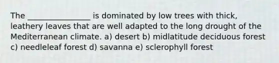 The ________________ is dominated by low trees with thick, leathery leaves that are well adapted to the long drought of the Mediterranean climate. a) desert b) midlatitude deciduous forest c) needleleaf forest d) savanna e) sclerophyll forest