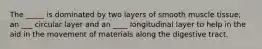 The _____ is dominated by two layers of smooth muscle tissue; an ___ circular layer and an ____ longitudinal layer to help in the aid in the movement of materials along the digestive tract.