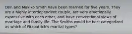 Don and Makiko Smith have been married for five years. They are a highly interdependent couple, are very emotionally expressive with each other, and have conventional views of marriage and family life. The Smiths would be best categorized as which of Fitzpatrick's marital types?​