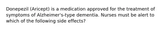 Donepezil (Aricept) is a medication approved for the treatment of symptoms of Alzheimer's-type dementia. Nurses must be alert to which of the following side effects?