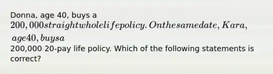 Donna, age 40, buys a 200,000 straight whole life policy. On the same date, Kara, age 40, buys a200,000 20-pay life policy. Which of the following statements is correct?