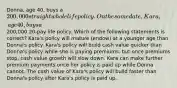 Donna, age 40, buys a 200,000 straight whole life policy. On the same date, Kara, age 40, buys a200,000 20-pay life policy. Which of the following statements is correct? Kara's policy will mature (endow) at a younger age than Donna's policy. Kara's policy will build cash value quicker than Donna's policy while she is paying premiums, but once premiums stop, cash value growth will slow down. Kara can make further premium payments once her policy is paid up while Donna cannot. The cash value of Kara's policy will build faster than Donna's policy after Kara's policy is paid up.