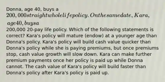 Donna, age 40, buys a 200,000 straight whole life policy. On the same date, Kara, age 40, buys a200,000 20-pay life policy. Which of the following statements is correct? Kara's policy will mature (endow) at a younger age than Donna's policy. Kara's policy will build cash value quicker than Donna's policy while she is paying premiums, but once premiums stop, cash value growth will slow down. Kara can make further premium payments once her policy is paid up while Donna cannot. The cash value of Kara's policy will build faster than Donna's policy after Kara's policy is paid up.