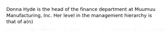 Donna Hyde is the head of the finance department at Muumuu Manufacturing, Inc. Her level in the management hierarchy is that of a(n)