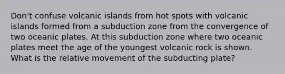 Don't confuse volcanic islands from hot spots with volcanic islands formed from a subduction zone from the convergence of two oceanic plates. At this subduction zone where two oceanic plates meet the age of the youngest volcanic rock is shown. What is the relative movement of the subducting plate?