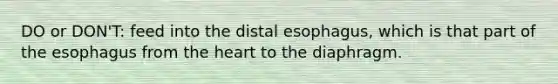 DO or DON'T: feed into the distal esophagus, which is that part of the esophagus from the heart to the diaphragm.