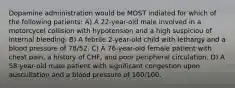 Dopamine administration would be MOST indiated for which of the following patients: A) A 22-year-old male involved in a motorcycel collision with hypotension and a high suspiciou of internal bleeding. B) A febrile 2-year-old child with lethargy and a blood pressure of 78/52. C) A 76-year-old female patient with chest pain, a history of CHF, and poor peripheral circulation. D) A 58-year-old male patient with significant congestion upon auscultation and a blood pressure of 160/100.