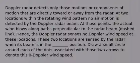 Doppler radar detects only those motions or components of motion that are directly toward or away from the radar. At two locations within the rotating wind pattern no air motion is detected by the Doppler radar beam. At those points, the actual wind blows along paths perpendicular to the radar beam (dashed line). Hence, the Doppler radar senses no Doppler wind speed at these locations. These two locations are sensed by the radar when its beam is in the ________ position. Draw a small circle around each of the dots associated with those two arrows to denote this 0-Doppler wind speed.