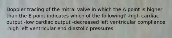 Doppler tracing of the mitral valve in which the A point is higher than the E point indicates which of the following? -high cardiac output -low cardiac output -decreased left ventricular compliance -high left ventricular end-diastolic pressures