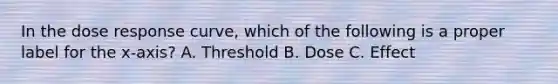 In the dose response curve, which of the following is a proper label for the x-axis? A. Threshold B. Dose C. Effect