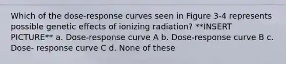 Which of the dose-response curves seen in Figure 3-4 represents possible genetic effects of ionizing radiation? **INSERT PICTURE** a. Dose-response curve A b. Dose-response curve B c. Dose- response curve C d. None of these