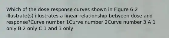 Which of the dose-response curves shown in Figure 6-2 illustrate(s) illustrates a linear relationship between dose and response?Curve number 1Curve number 2Curve number 3 A 1 only B 2 only C 1 and 3 only