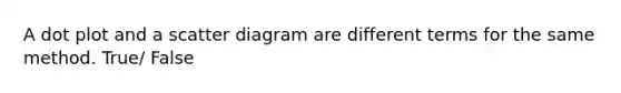 A <a href='https://www.questionai.com/knowledge/kjMSz3dOjW-dot-plot' class='anchor-knowledge'>dot plot</a> and a scatter diagram are different terms for the same method. True/ False